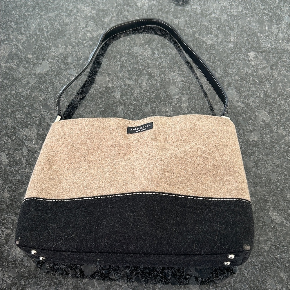 Kate Spade Tan and Black wool Shoulder Bag worn corners but all 4 bottom feet.